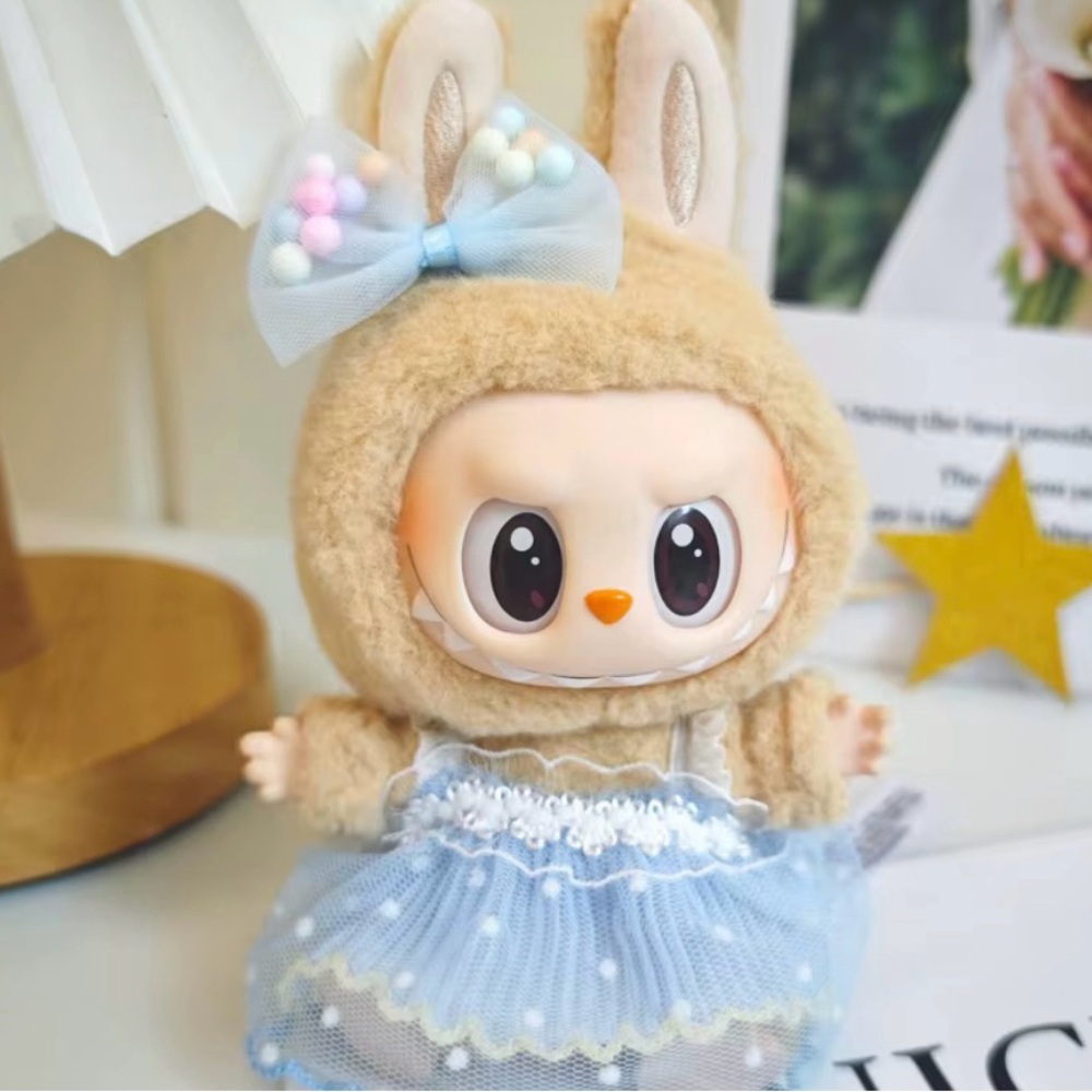 Blue lace and hair clip outfit for labubu or 17cm doll